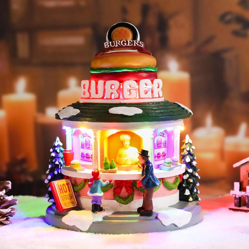 CHONSUN Christmas Village 7.5 Inch Animated Christmas Shop Decorations Moving Hamburger 3AA Batteries Music Village People Indoor Lights Figurines for Room Tabletop Xmas Decor - Image 5